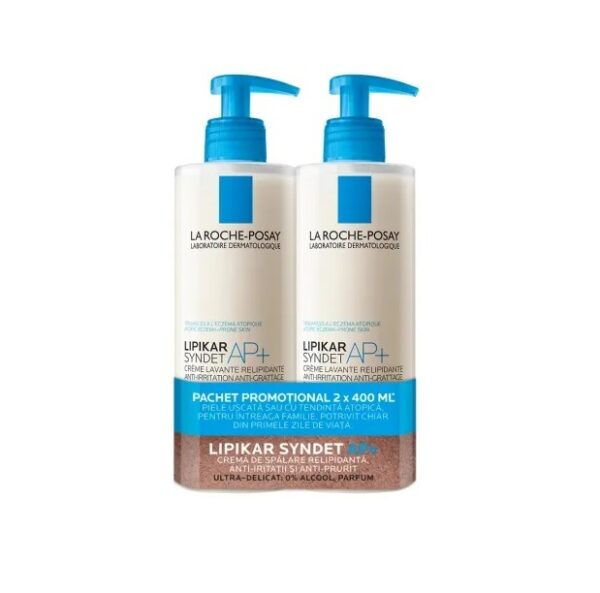Pachet crema de curatare pentru piele cu tendinta atopica Lipikar Syndet AP+, 400 ml + 400 ml, La Roche Posay