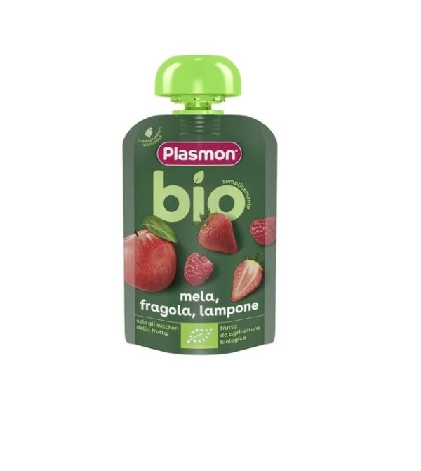 Piure Bio din Capsune, Zmeura si Mere, + 6 luni, 100 g, Plasmon