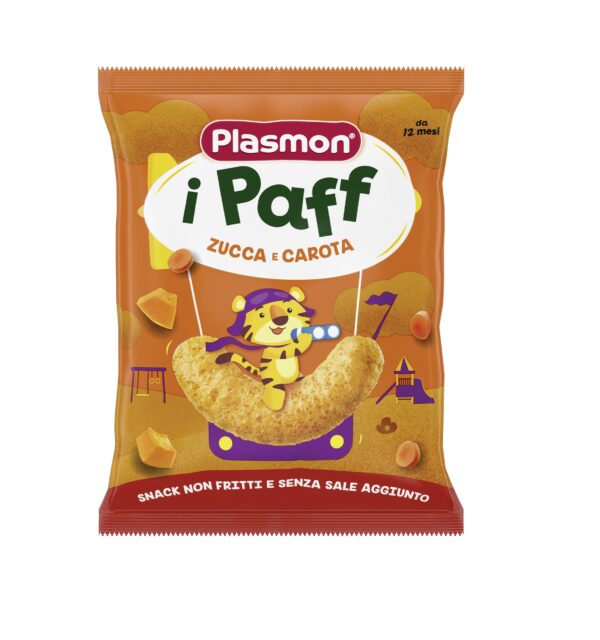 Pufuleti Plasmon cu dovlecei și morcov, gust sănătos pentru bebeluși peste 12 luni, fără sare adăuga.