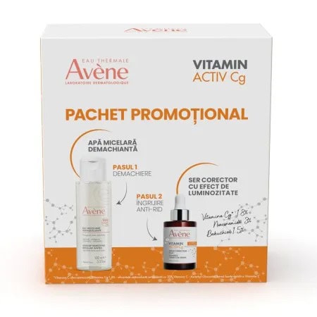 AVENE Pachet Ser Corector cu Efect de Luminozitate Vitamin Activ Cg, 30 ml + Apă Micelară Demachiantă, 100 ml
