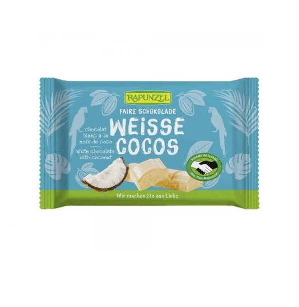Ciocolata Albă Bio cu Bucăți de Cocos Cristalino, 100g, Rapunzel