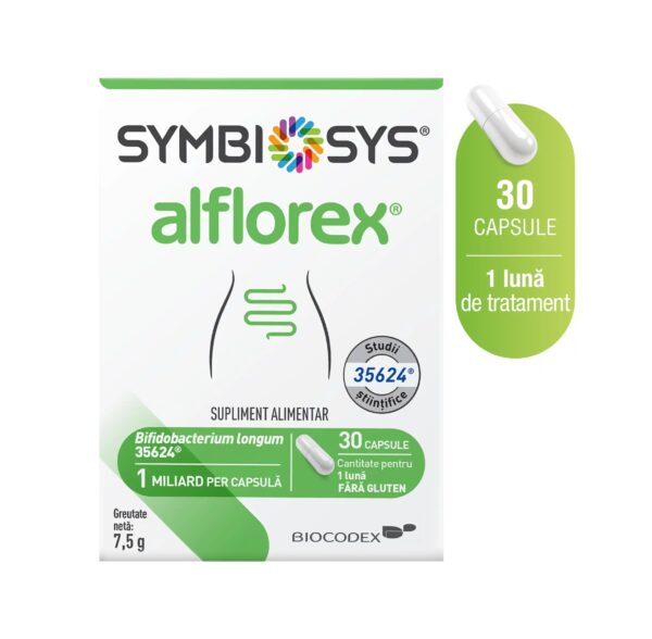 Alflorex capsule pentru sănătatea digestivă, probiotice pentru echilibru intestinal.