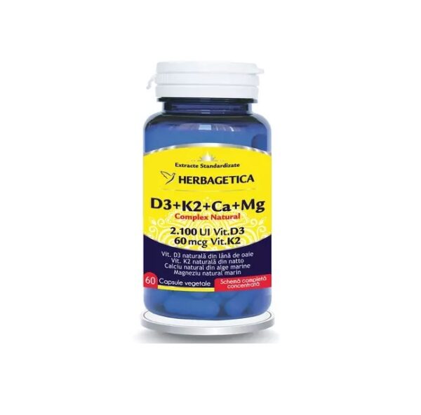 Complex Natural D3+K2+Ca+Mg, 60 Capsule Vegetale, Herbagetica