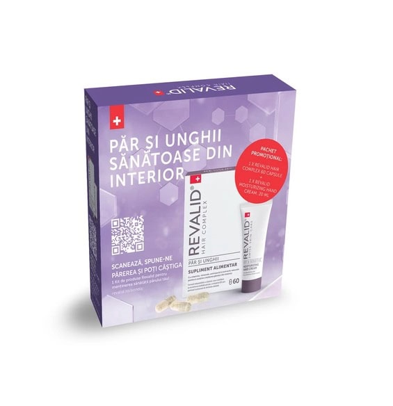 Pachet Revalid Hair Complex, 60 Capsule + Crema de Maini Hidratanta Revalid, 20 ml, Ewopharma