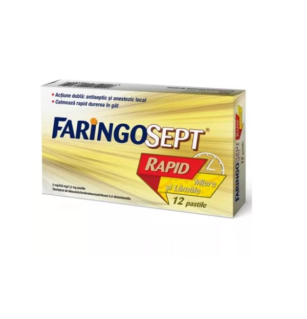 Faringosept Rapid cu Aroma de Miere si Lamaie, 2 mg/0,6 mg/1,2 mg, 12 Pastile, Terapia