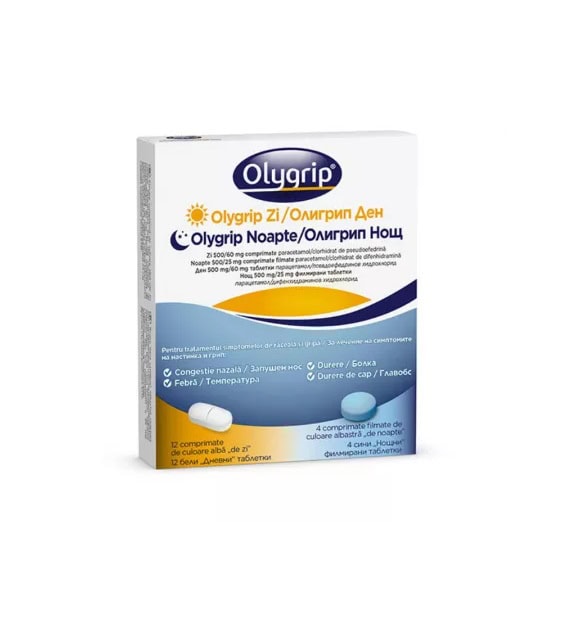 Olygrip Zi 500/60mg +Olygrip Noapte 500/25mg, 500/25mg, 12 + 4 Comprimate Filmate, McNeil