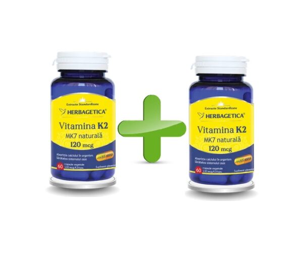 Pachet Vitamina K2 MK7 Naturala 120mcg, 60 + 60 Capsule, Herbagetica