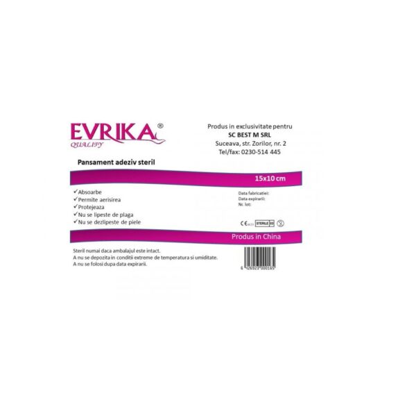 pansament-adeziv-steril-15cmx10cm-1-bucata-evrika-O05623-farmacia-morpheus Pansament Adeziv Steril, 15cmx10cm, 1 Bucata, Evrika