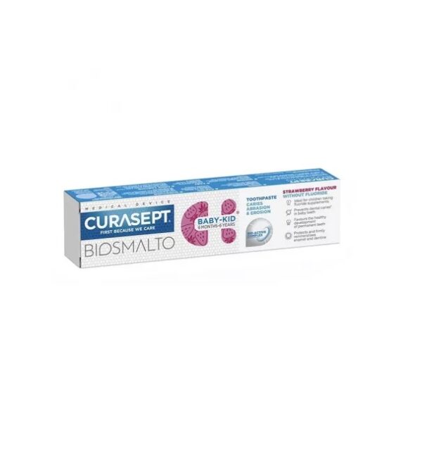 pasta-de-dinti-fara-fluor-cu-aroma-de-capsuni-pentru-copii-biosmalto-50-ml-curasept-O40800-farmacia-morpheus Pasta de Dinti Fara Fluor cu Aroma de Capsuni pentru Copii, Biosmalto, 50 ml, Curasept