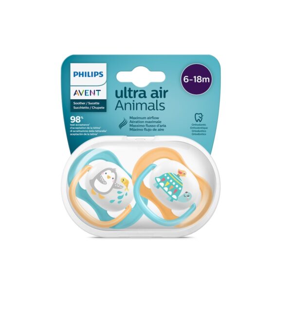 Set 2 Suzete Ultra Air SCF080/07, Ortodontica, 6-18 Luni, Albastru/Galben, Philips Avent