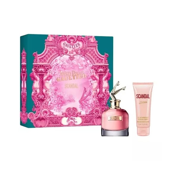 Parfum și cremă body Scandal Jean Paul Gaultier pentru femei, set de lux în ambalaj elegant.