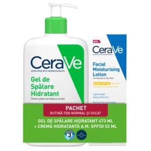 CeraVe Gel Spalare Hidratant, 473 ml + Crema Hidratanta Fata SPF50, 52 ml Pachet