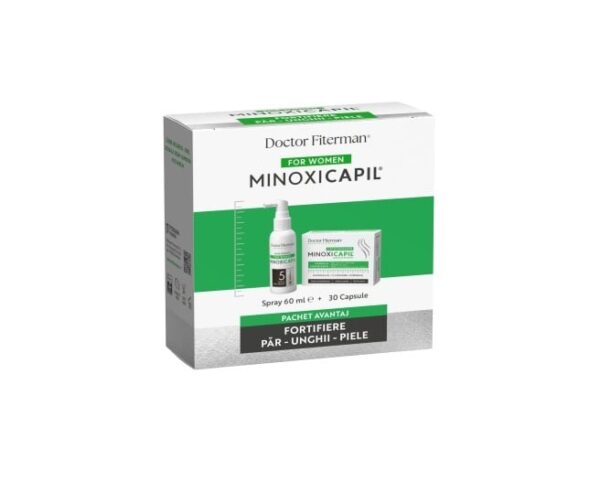 Pachet Minoxicapil Spray impotriva Caderii Parului pentru Femei, 60ml + 30 Capsule, Fiterman Pharma