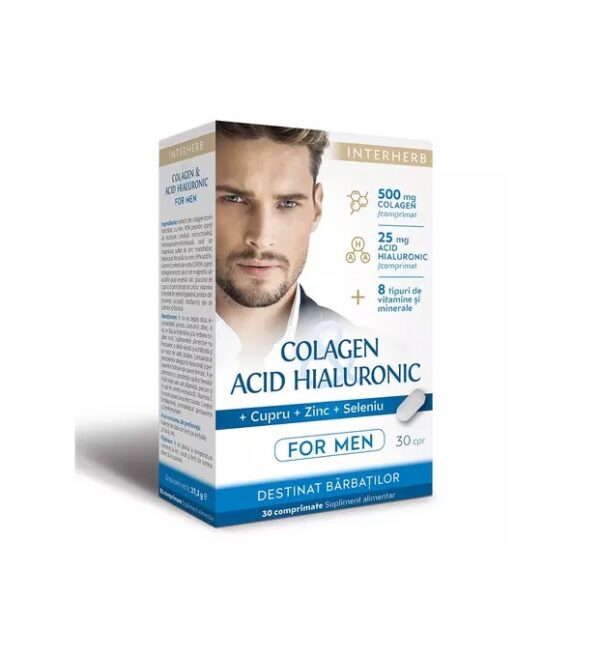 Colagen si Acid Hialuronic cu Vitamine si Minerale pentru Barbati, 500 mg, 30 Comprimate, Interherb
