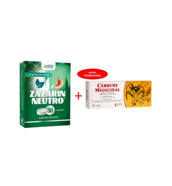 Pachet Zazarin Neutro Menta, 30 Comprimate + Carbune Medicinal, 30 Comprimate, Adya Green Pharma