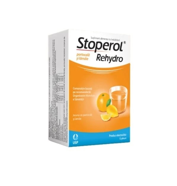 Stoperol Rehydro cu Aroma de Portocala si Lamaie, 12 Plicuri, USP Romania