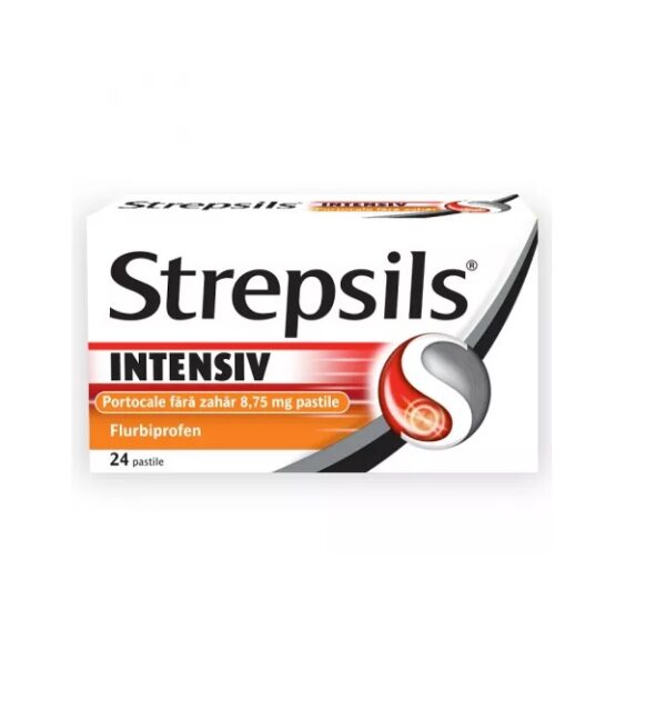 Strepsils Intensiv Fara Zahar cu Aroma de Portocale, 8,75 mg, 24 Pastile, Reckitt Benckiser