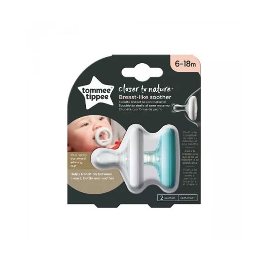 Suzeta de Noapte Closer to Nature Breast Like Soother, 6-18 Luni, 2 Bucati, Albastru/ Alb, Tommee Tippee