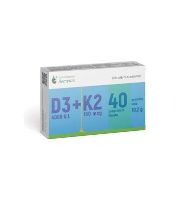 Vitamina D3 4000 UI + Vitamina K2 150 mcg, 40 Comprimate Filmate, Remedia
