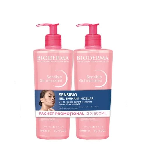 Pachet Gel Spumant Calmant si Hidratant Sensibio 2x500 ml, Bioderma