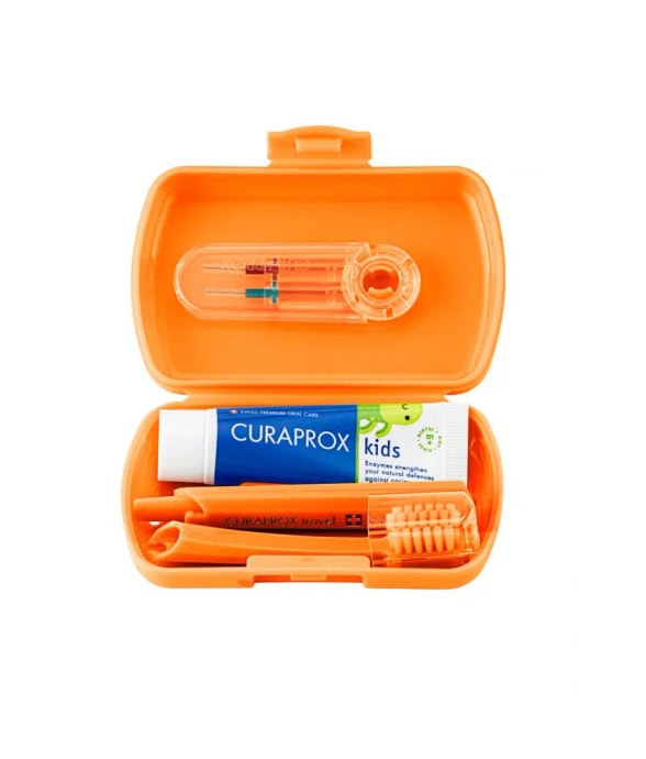 Travel Set Kids cu Periuță, Pastă și Periuțe Interdentare, Portocaliu, Curaprox
