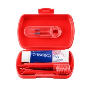 Travel Set Kids cu Periuță, Pastă și Periuțe Interdentare, Rosu, Curaprox