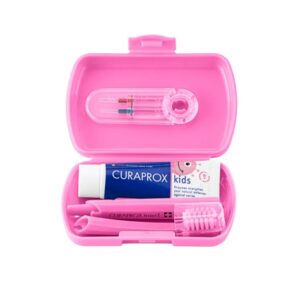 Travel Set Kids cu Periuță, Pastă și Periuțe Interdentare, Roz, Curaprox