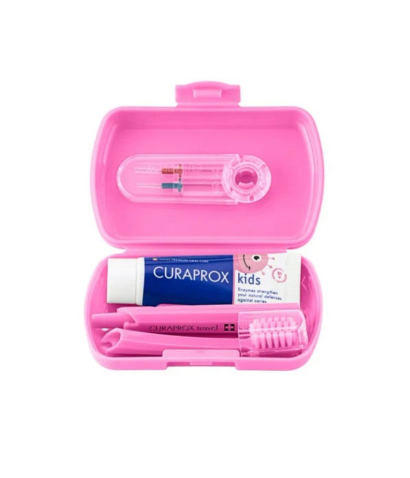 Travel Set Kids cu Periuță, Pastă și Periuțe Interdentare, Roz, Curaprox