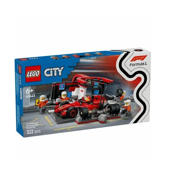 Boxa si Mecanici F1 cu Masina Ferrari City, 322 Piese, Lego City