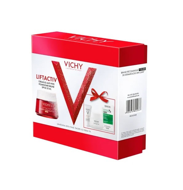 Pachet Crema cu SPF 50 Liftactiv Pigment Specialist B3, 50 ml + Crema de Noapte Liftactiv Pigment Specialist B3, 15 ml + Fluid cu SPF 50+ Capital Soleil, 3 ml + Sampon Anti-Matreata Dercos, 6 ml, Vichy