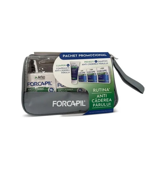Pachet Forcapil Anti-Caderea Parului 3x30 Comprimate + Sampon impotriva Caderii Parului Forcapil 200 ml, Arkopharma