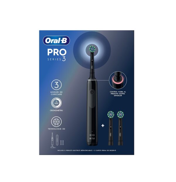 Periuta de Dinti Electrica Pro 3, 9900 Miscari/Min, Curatare 3D, 3 Programe, 2 Capete Negre, Oral-B