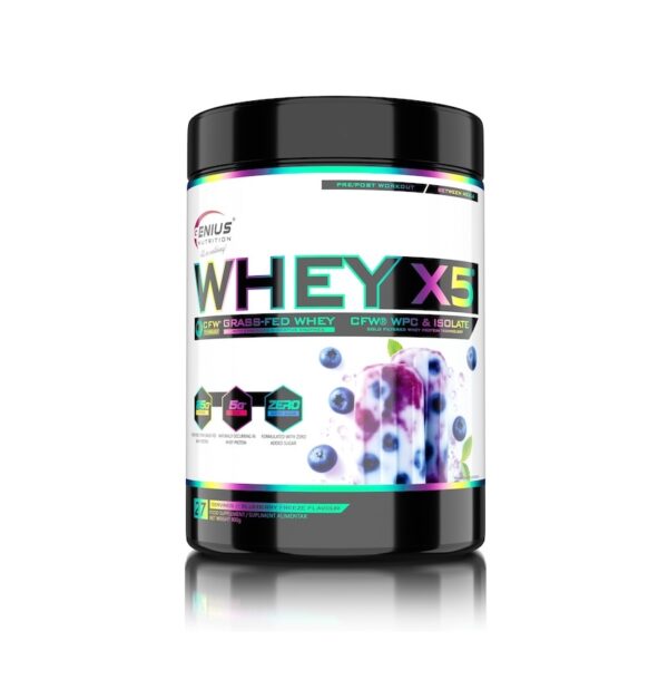 Pudra Proteica Whey X5, cu Aroma de Blueberry Freeze, 900g, Genius Nutrition