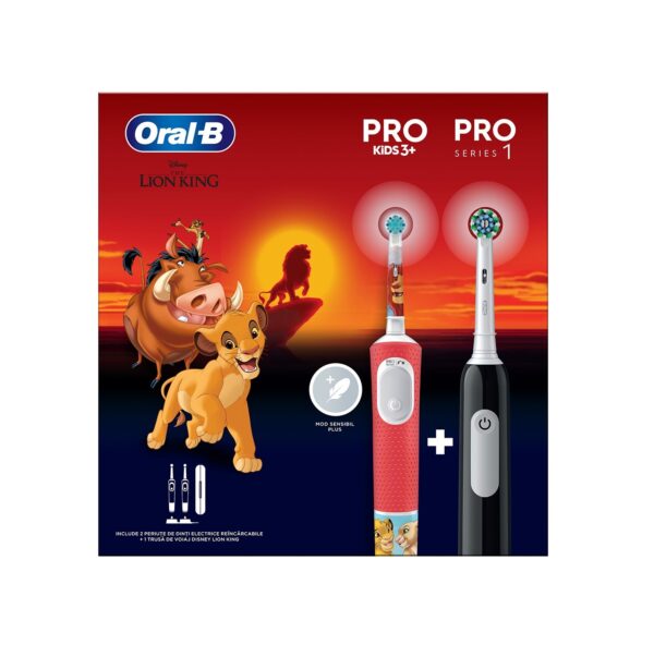 Set Periuta de Dinti Electrica Copii Pro Lion King, 20000 Pulsatii/Min, Curatare 2D, 2 Programe, 1 Capat Rosu + Periuta de Dinti Electrica Pro 1, 1 Capat Negru, Oral-B