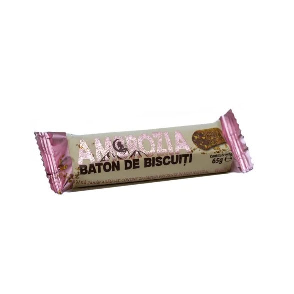 Baton de biscuiți Amozia, gust delicios, fără zahăr adăugat, 65g, farmacie Morpheus.