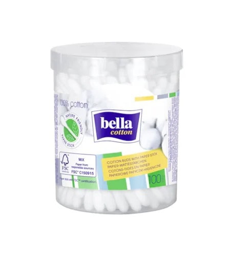 betisoare-de-urechi-cutie-rotunda-100-bucati-bella-O42437-farmacia-morpheus Bumbac pentru cosmetică Bella Cotton, ambalaj cu 100 de bucăți, în recipiente de plastic.