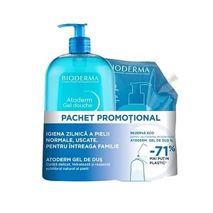 Gel de duș Bioderma Atoderm, pachet promoțional pentru hidratare și igienă delicată a pielii normale și uscate.