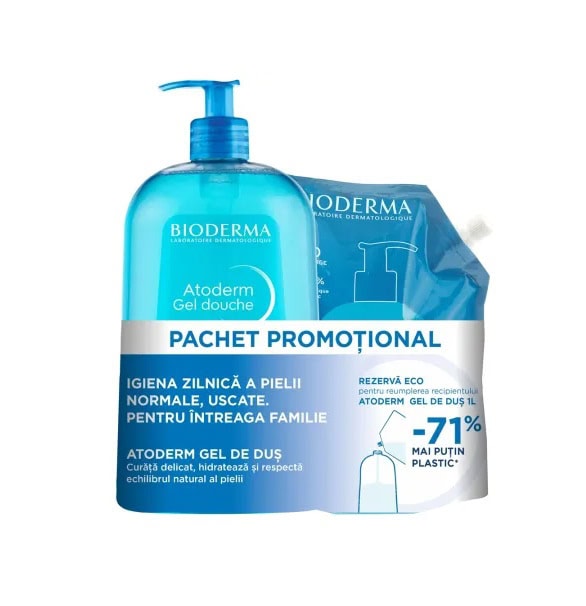 Gel de duș Bioderma Atoderm, promoție și pachet reutilizabil pentru igiena pielii normale și uscate. Gel de duș Bioderma Atoderm, pachet promoțional pentru hidratare și igienă delicată a pielii normale și uscate.