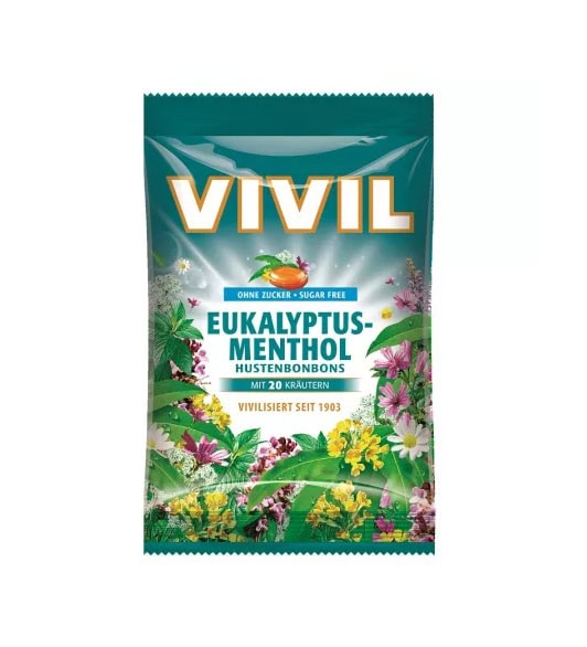 Vivil bomboane mentol eucalyptus fără zahăr, pentru respiratie proaspătă și răcoritoare.