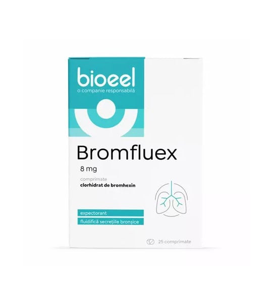 bromfluex-8-mg-25-comprimate-bioeel-O37786-farmacia-morpheus Bioeel Bromflux comprimate pentru tratamentul bronșitelor și afecțiunilor respiratorii, 8 mg.