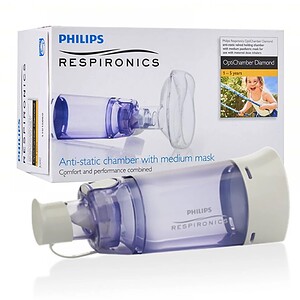 Respironics OptiChamber Diamond, aparat inhalator cu mască medie, anti-static pentru copii și adulți.