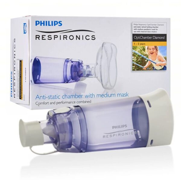Respironics OptiChamber Diamond, aparat inhalator cu mască medie, anti-static pentru copii și adulți.