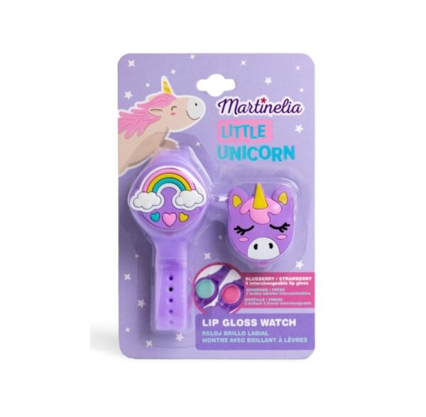 ceas-little-unicorn-cu-2-luciuri-de-buze-martinelia-O42419-farmacia-morpheus Jucărie de buzunar pentru hidratarea buzelor cu unicorn și curcubeu, ideală pentru copii mici.