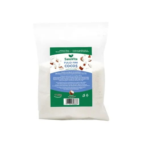Fulgi fini de cocos SanoVita, supliment natural pentru dietă sănătoasă, 150g.