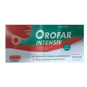 Orofar Intensive pastile pentru dureri de gât și inflamații, acționează rapid, fără zahăr, cu aromă de portocale, 16 pastile.