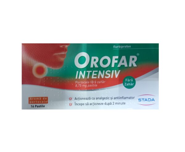 Orofar Intensive pastile pentru dureri de gât și inflamații, acționează rapid, fără zahăr, cu aromă de portocale, 16 pastile.