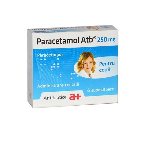 Paracetamol pentru copii, 250 mg, administrare rectală, 6 supozitoare, tratament pentru febră și durere la copii.