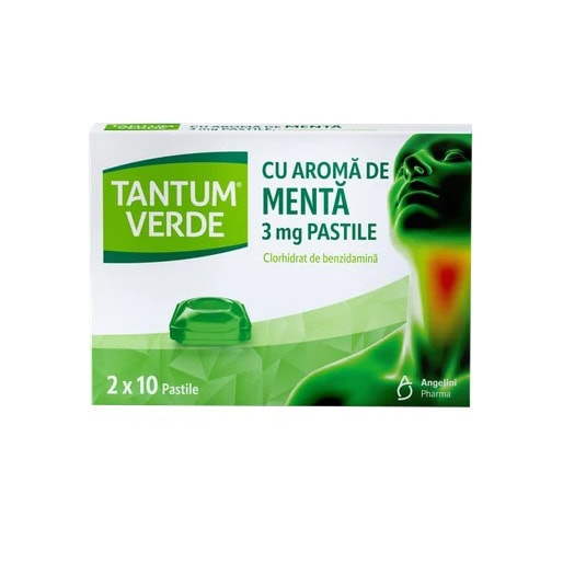 Pastile TANTUM VERDE cu aromă de mentă pentru dureri gât, 20 pastile, farmacii Morpheus.