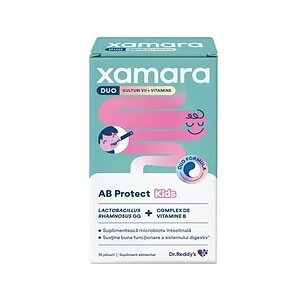 Xamara Duo Kids, supliment probiotic cu vitamine pentru sănătatea digestivă a copiilor.