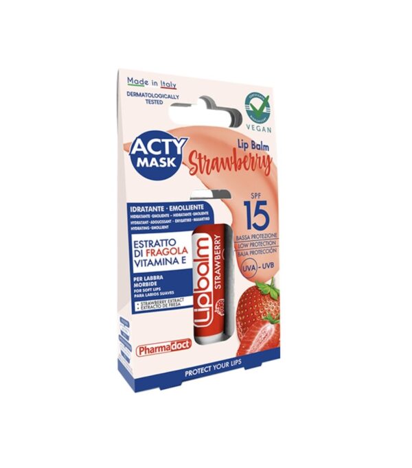 Balsam de buze cu extract de căpșună, SPF 15, vegano, hidratare și protecție solară.